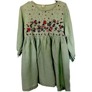 Women's Babydoll Dress Linen Blend Boho Floral Embroidered Green Empire S/M